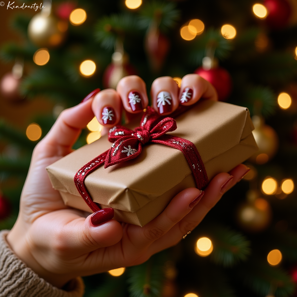 Red nail tips with white snowflake designs holding a wrapped gift