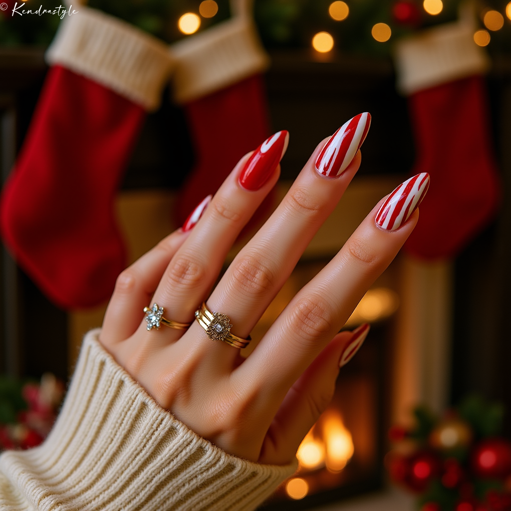 Candy cane striped nail art in red and white