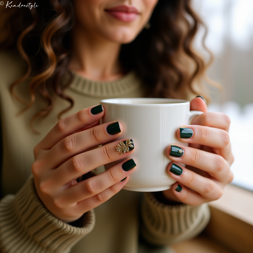 Deep emerald green nails with gold snowflake accent