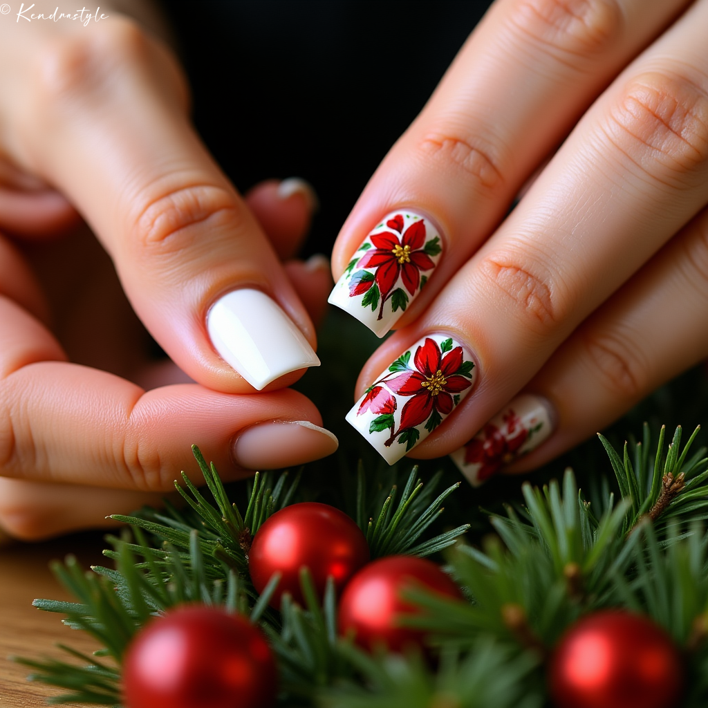 White nails with hand-painted red poinsettia flowers