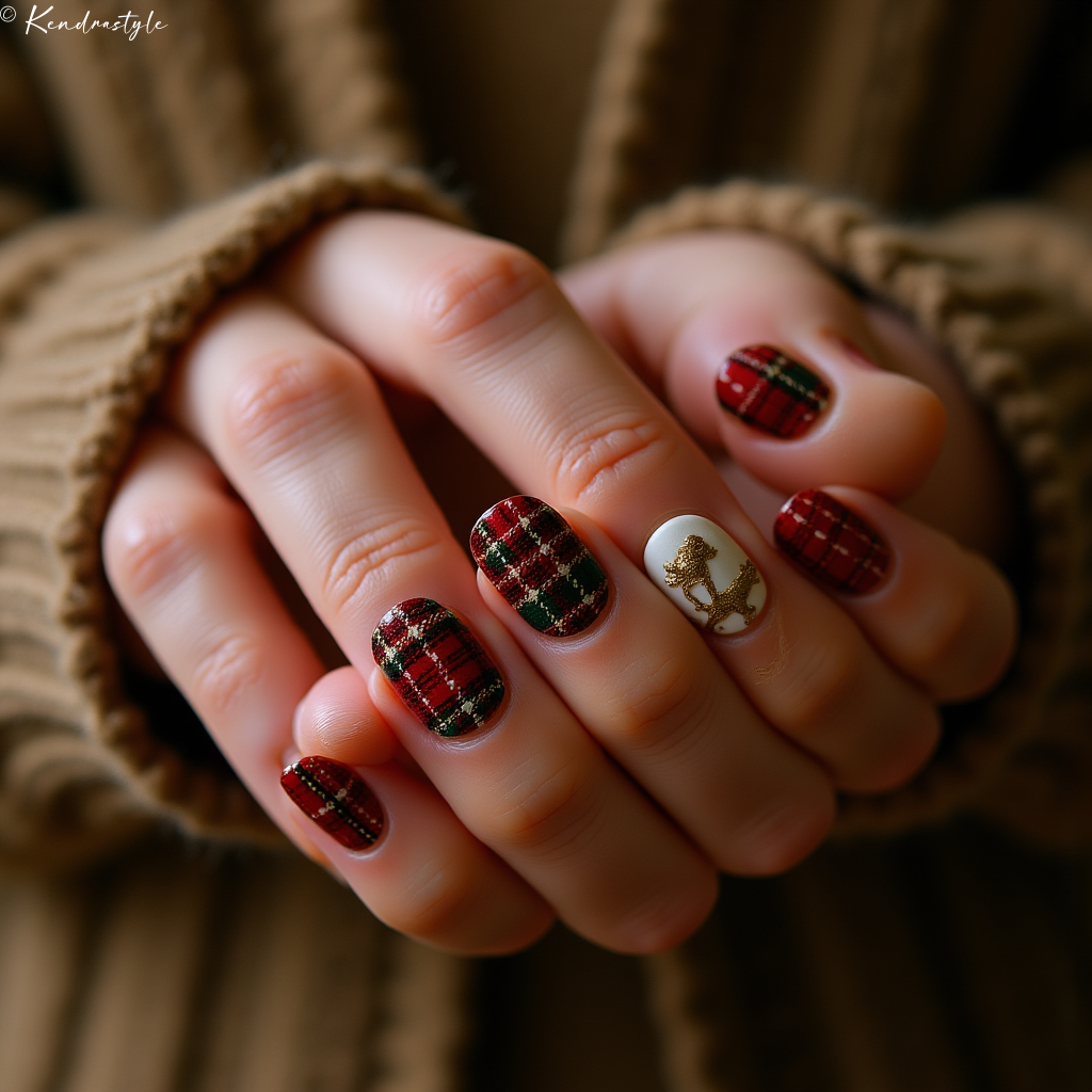 Christmas tartan plaid nails with gold reindeer accent