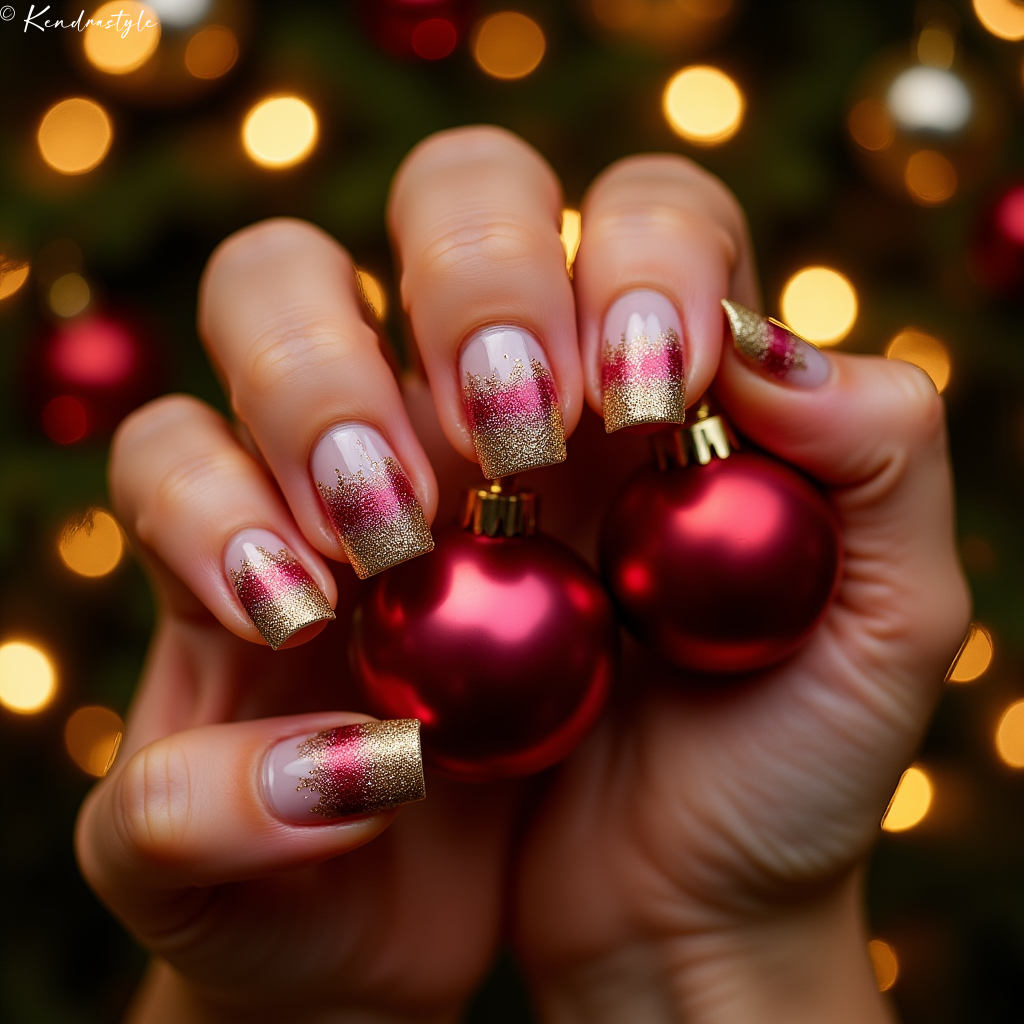 Red and gold glitter gradient French tip nails