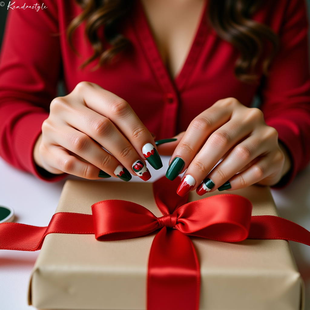 Green and red nails with Santa face and Christmas character designs