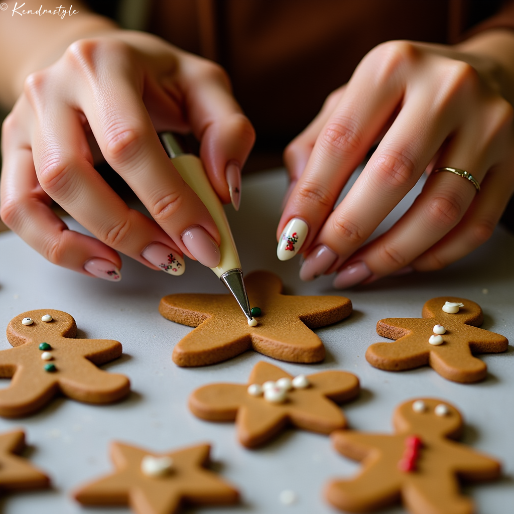 Natural nude nails with tiny Christmas floral accents
