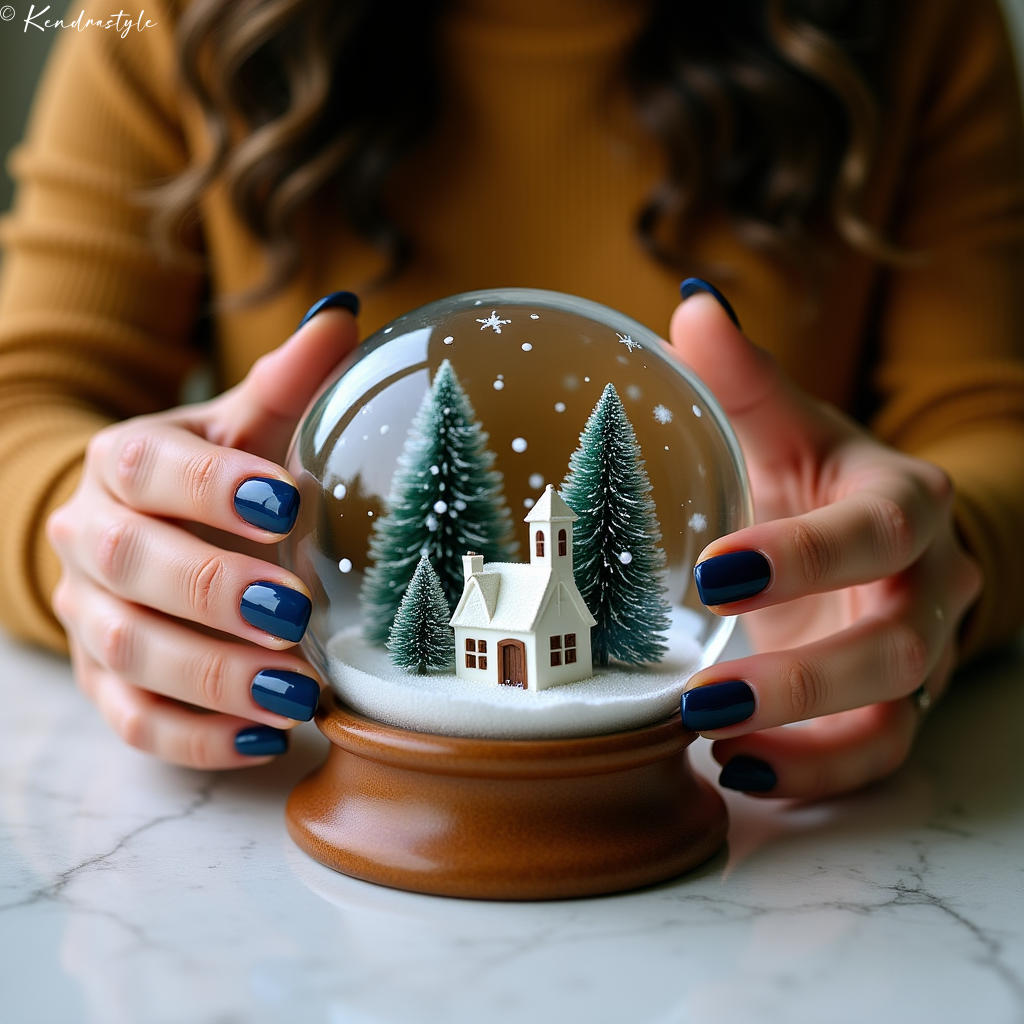 Deep navy blue glossy nails with snow globe