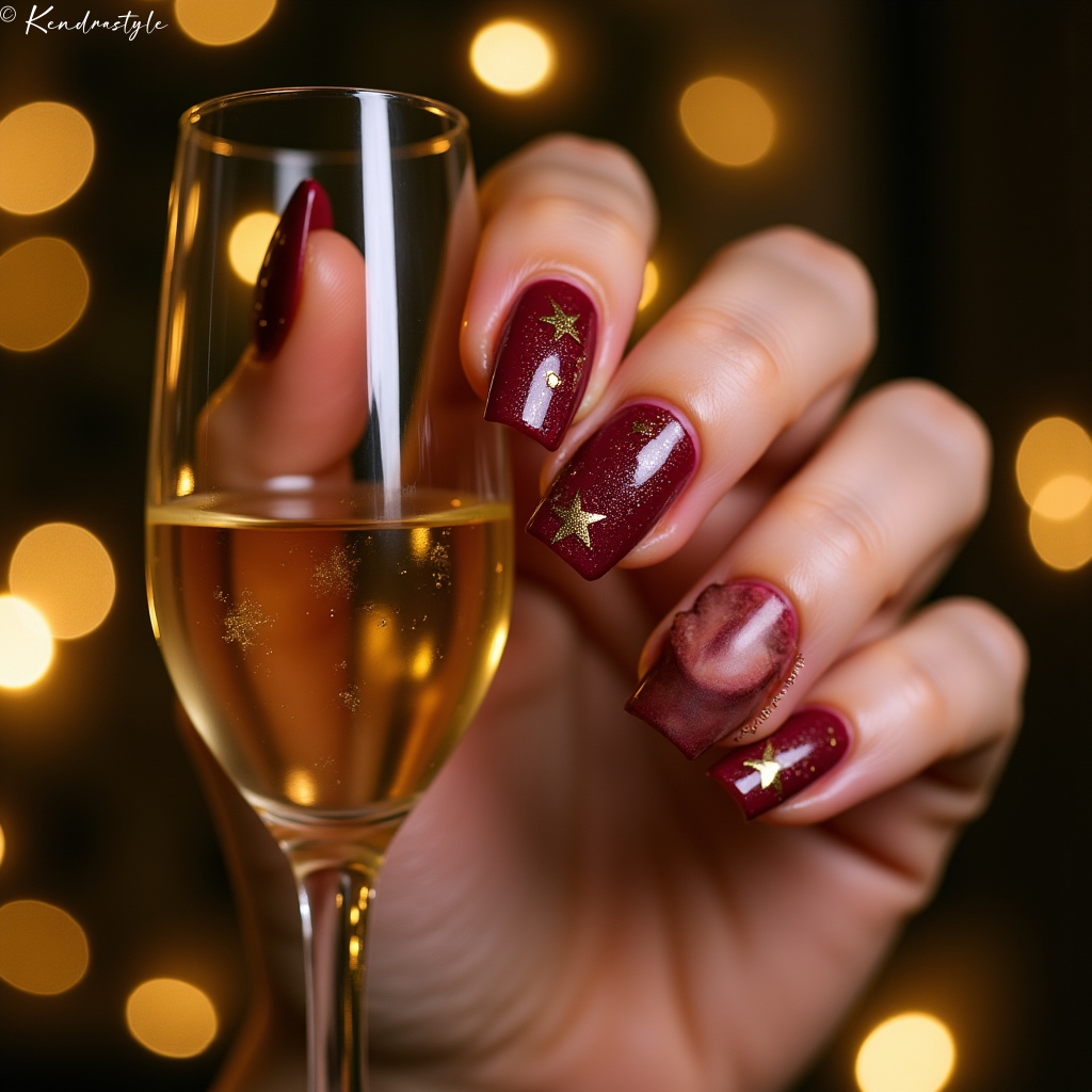 Burgundy wine colored nails with gold star accents