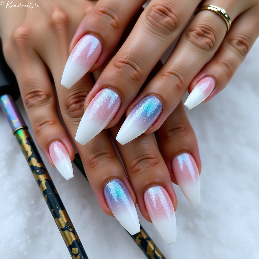 Pink to white iridescent ombré coffin nails