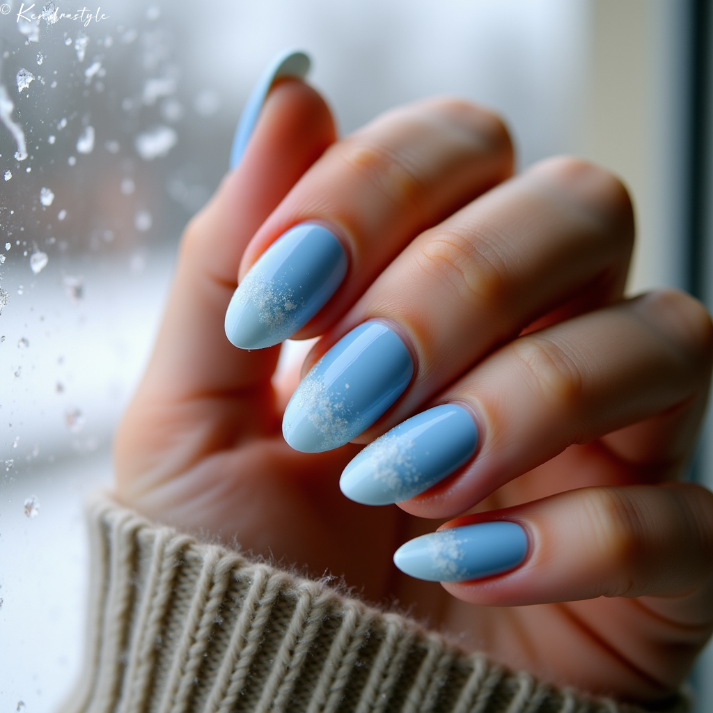 Soft icy blue nails with frosty white accents