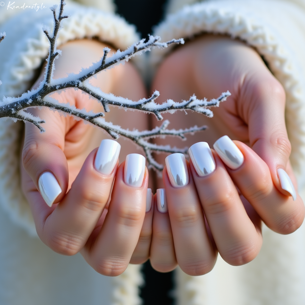 Pearlescent white chrome nails with frost-covered branch