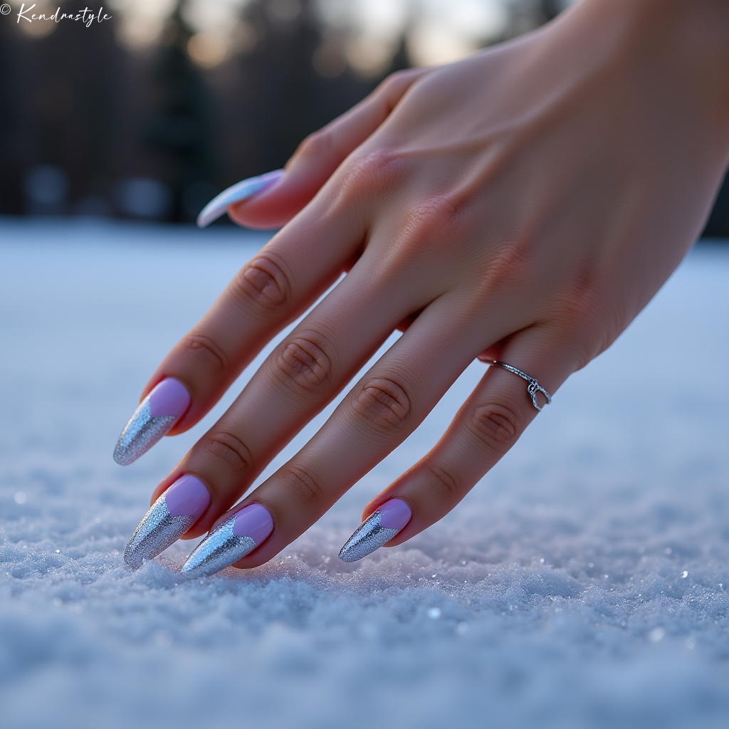 Lavender purple nails with silver glitter tips