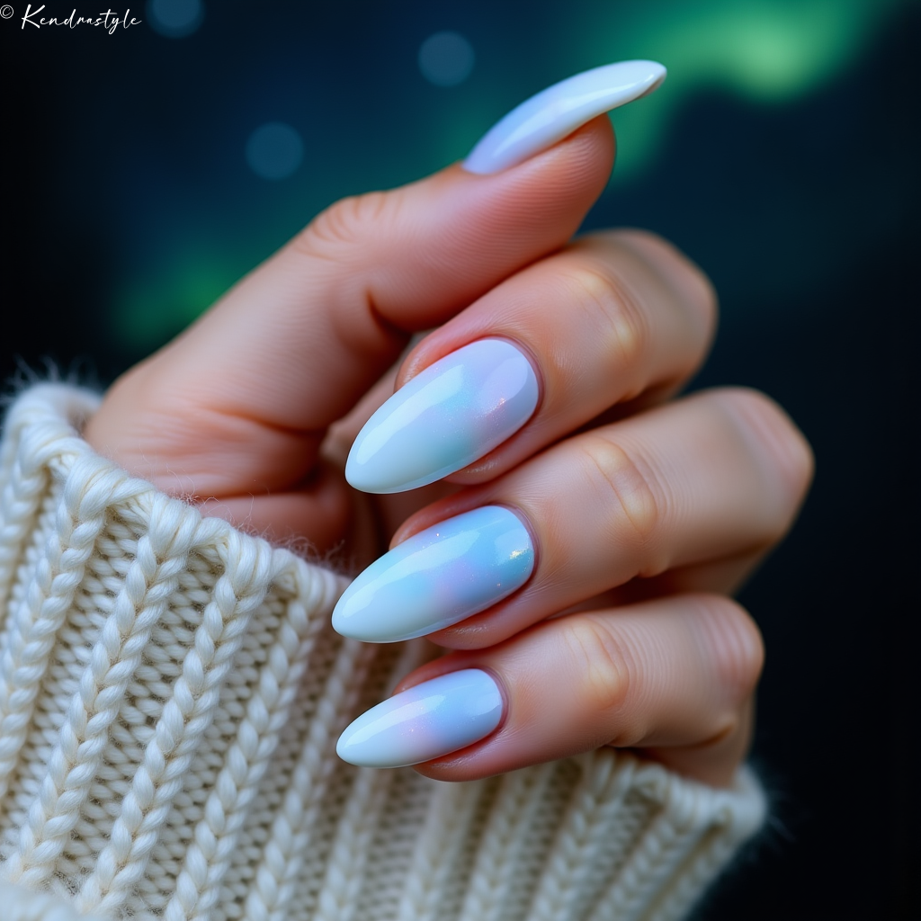 Soft blue-green iridescent nails inspired by northern lights