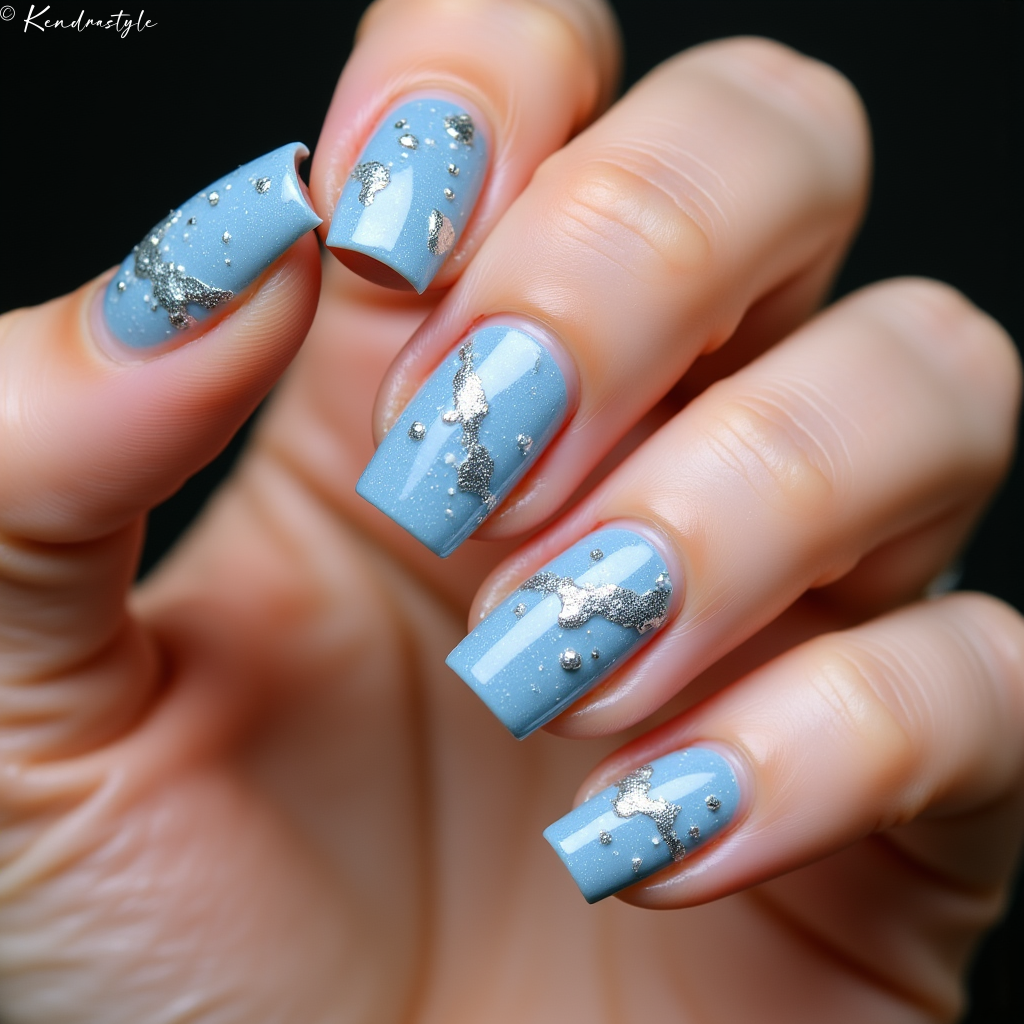 Ice blue square nails with silver foil accents