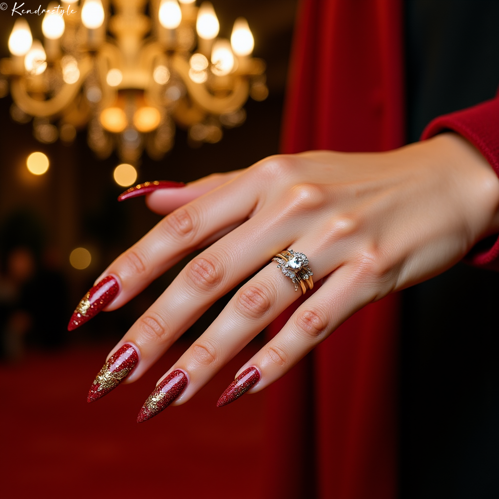 Red glitter stiletto nails with gold glitter tips