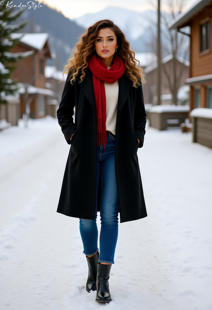 Winter outfit with black coat and red sweater
