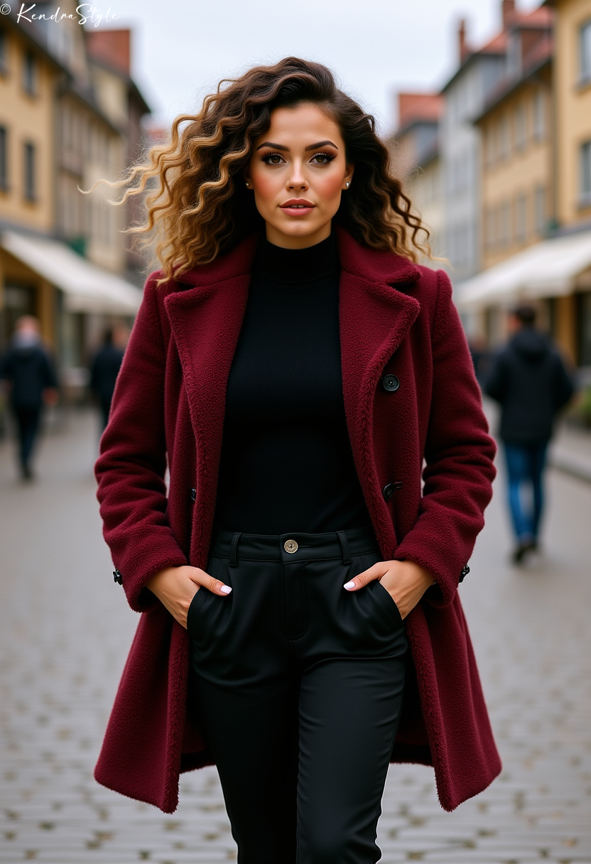 Burgundy winter coat with red sweater