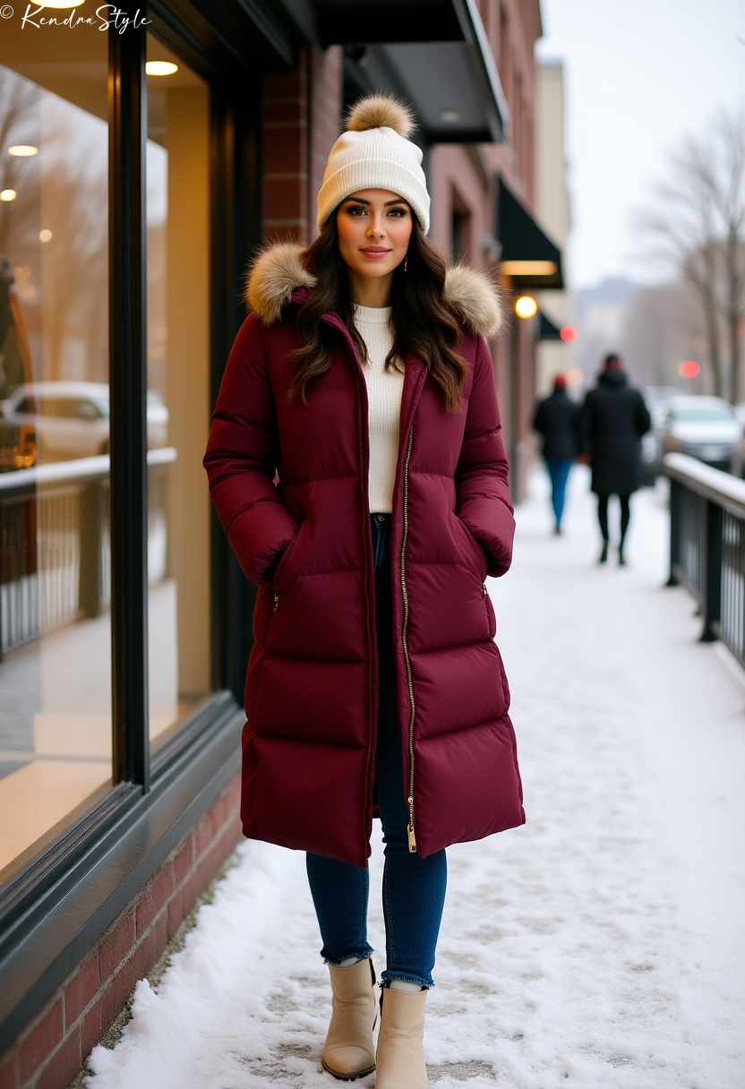 Burgundy sweater with black coat winter outfit