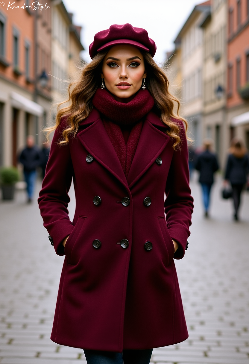 Burgundy double-breasted coat winter dramatic