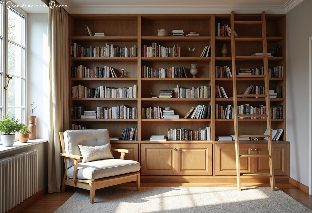 Scandinavian Living Room with Built-in Bookshelf