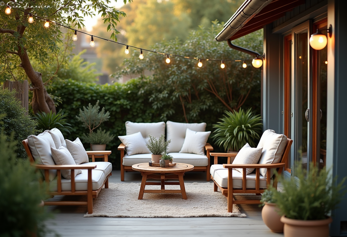 Nordic Outdoor Patio with Wooden Furniture
