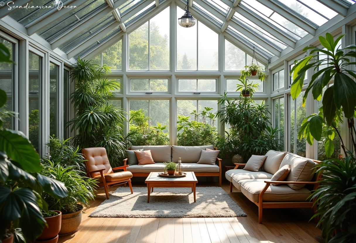 Scandinavian Conservatory with Abundant Plants