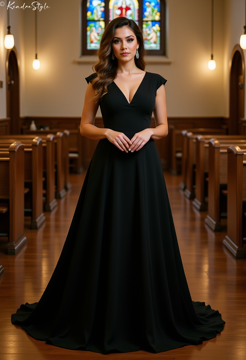 Black A-Line Chapel Wedding Dress