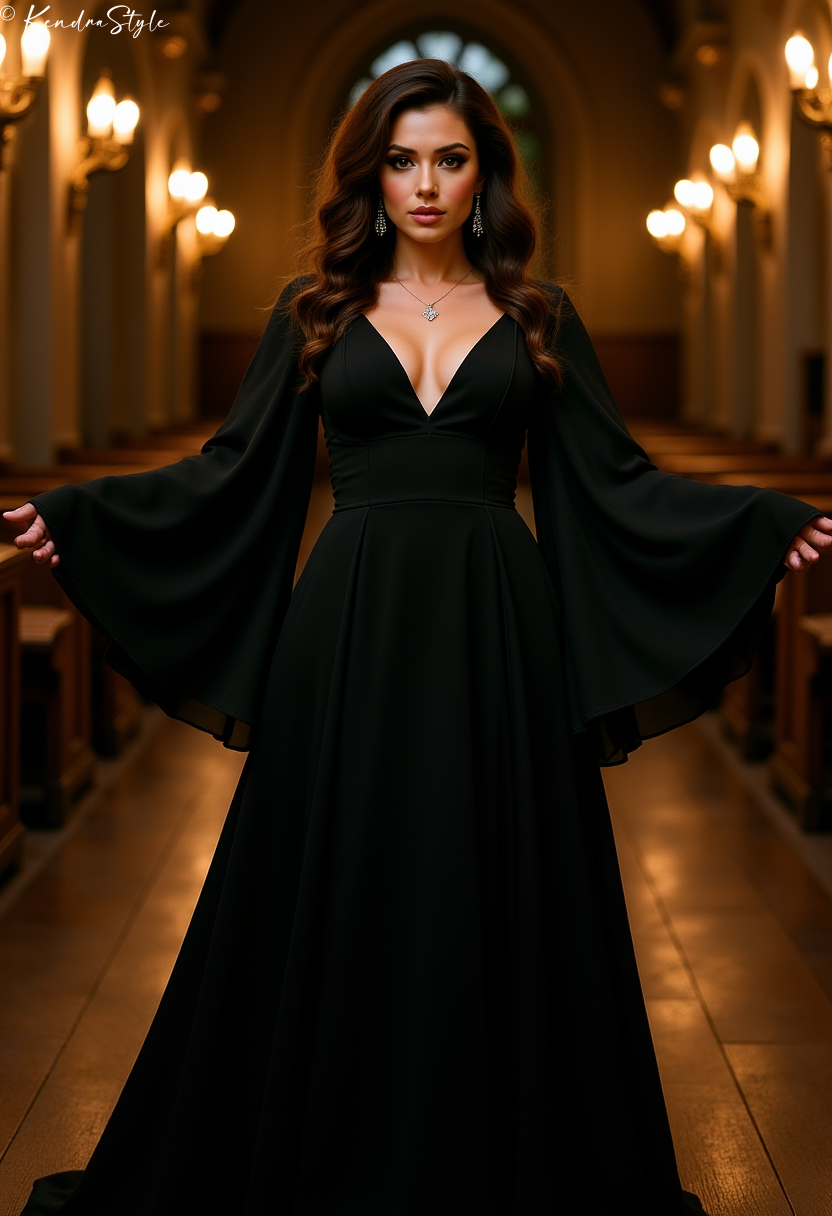 Black Bell Sleeve Cathedral Wedding Dress