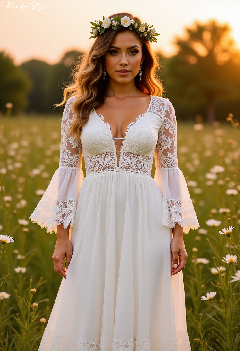 Lace Bell Sleeve Meadow Wedding Dress