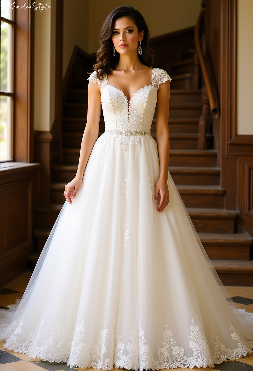 Lace Cap Sleeve Staircase Wedding Dress