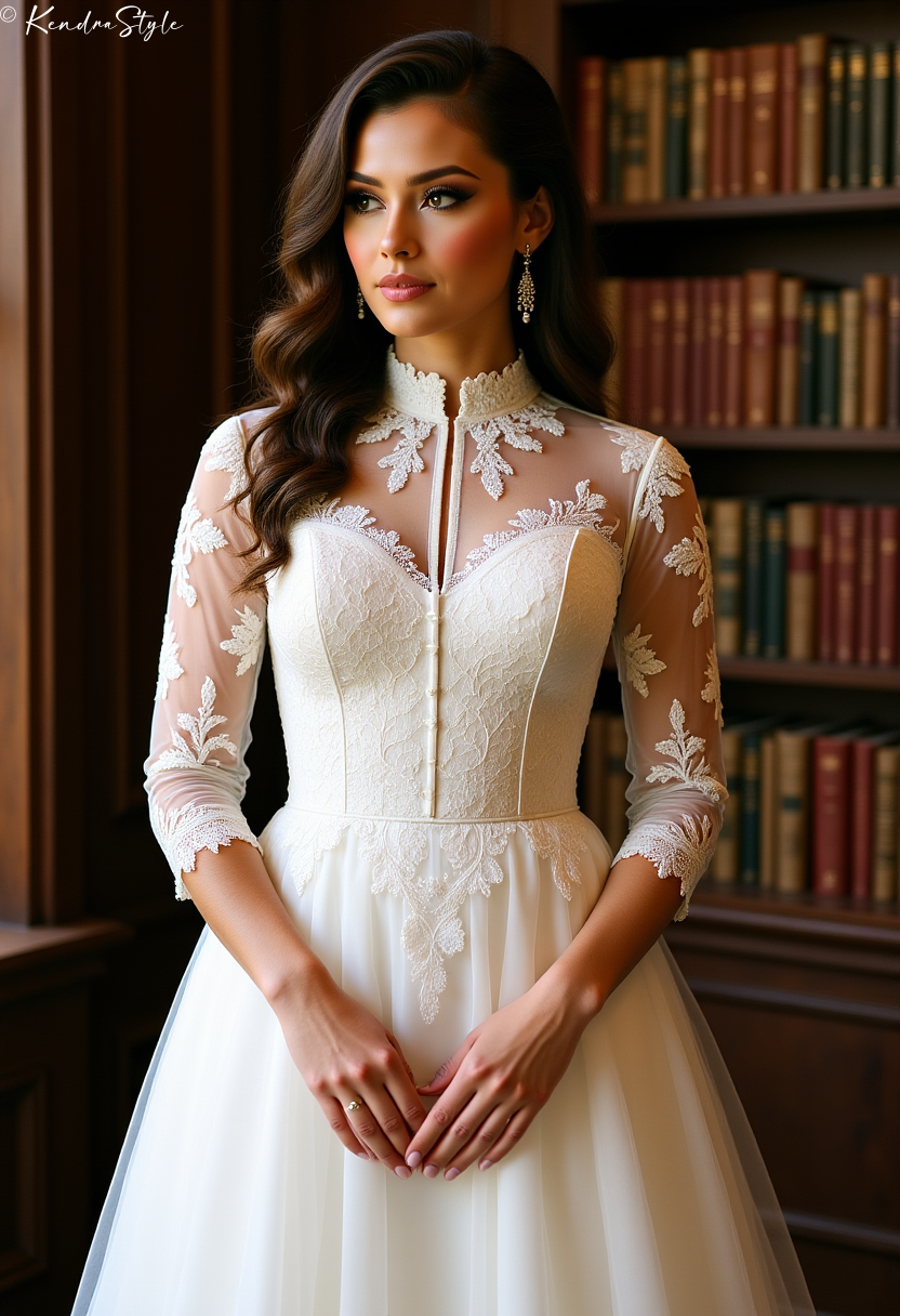 Lace High Neck Library Wedding Dress