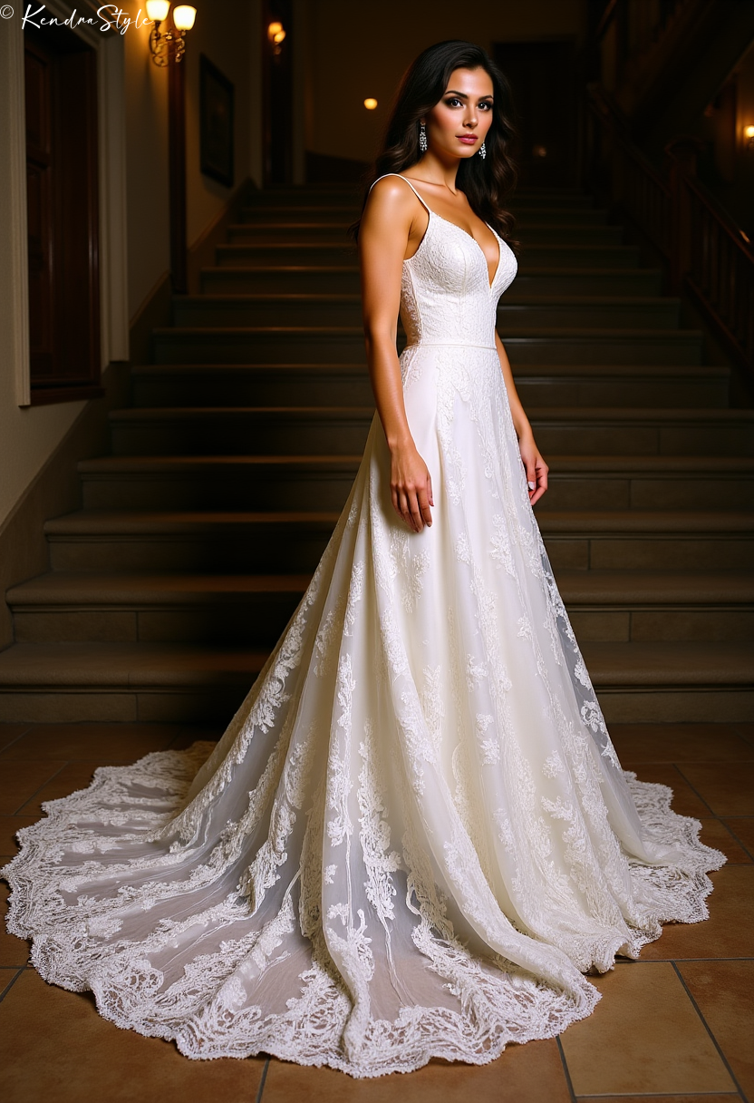 Lace Train Staircase Wedding Dress