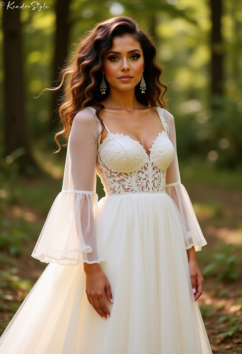 Tulle Bell Sleeve Forest Wedding Dress