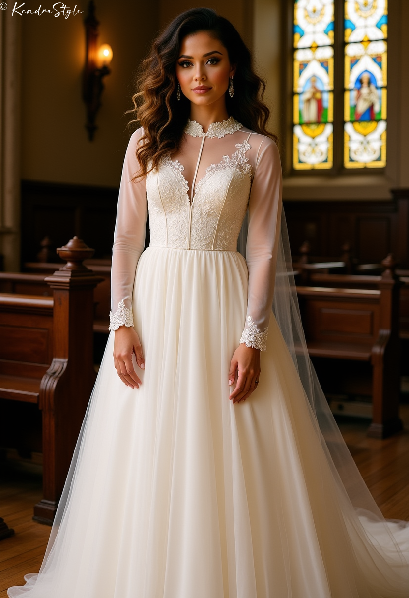 Tulle Long Sleeve Church Wedding Dress