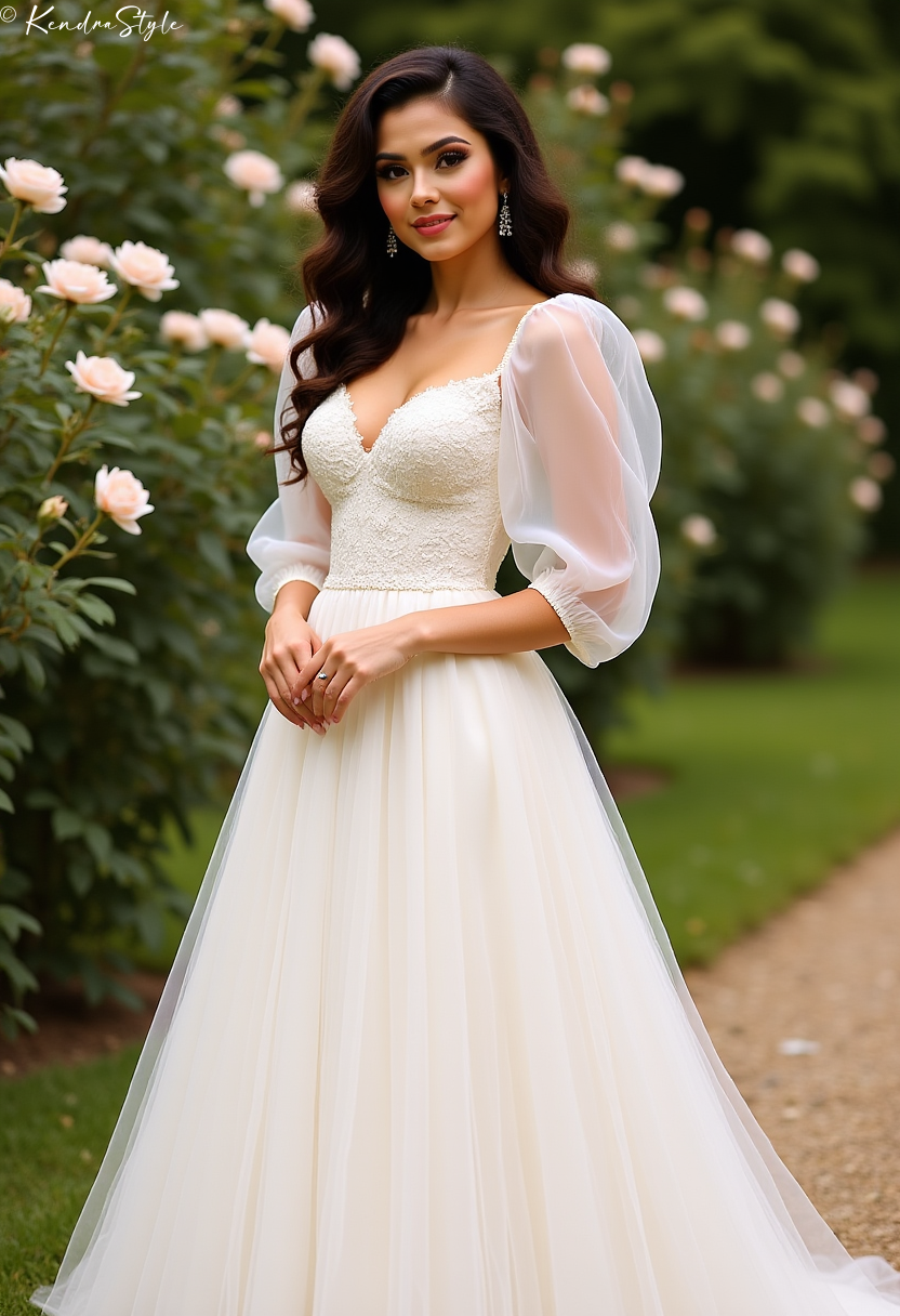 Tulle Puff Sleeve Manor Wedding Dress
